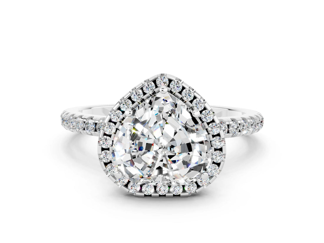 White gold Heart Cut Cut Diamond Floral Halo Engagement Ring with Pavé Band and Prong Setting