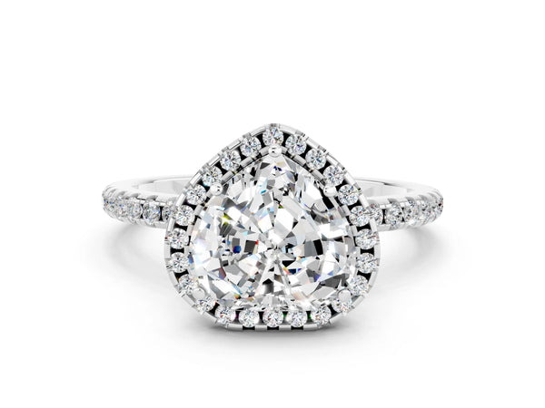 Silver Heart Cut Moissanite Halo Engagement Ring with Round Pavé Band and Prong Setting