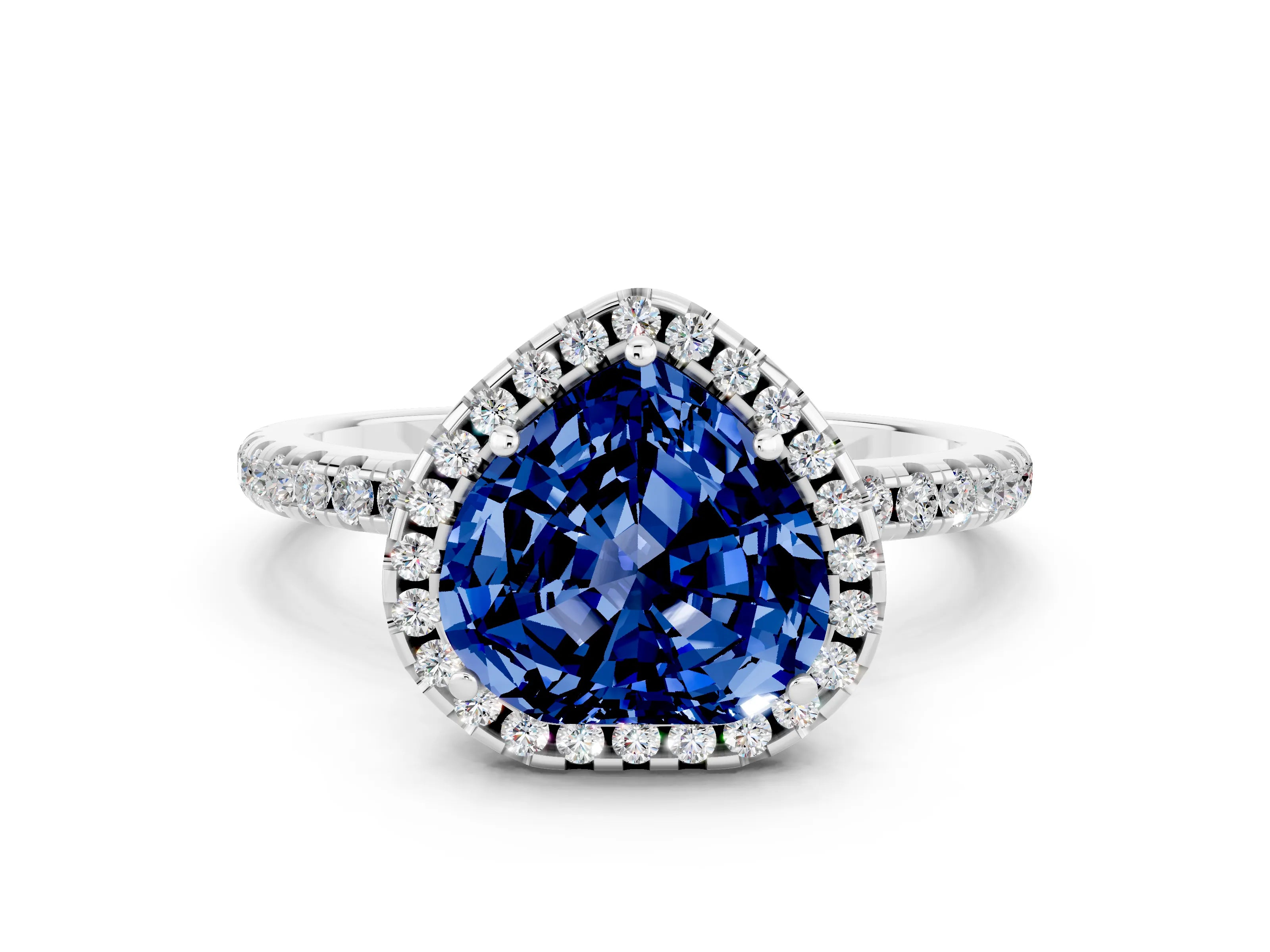 White gold Heart Cut Cut Diamond Floral Halo Engagement Ring with Pavé Band and Prong Setting