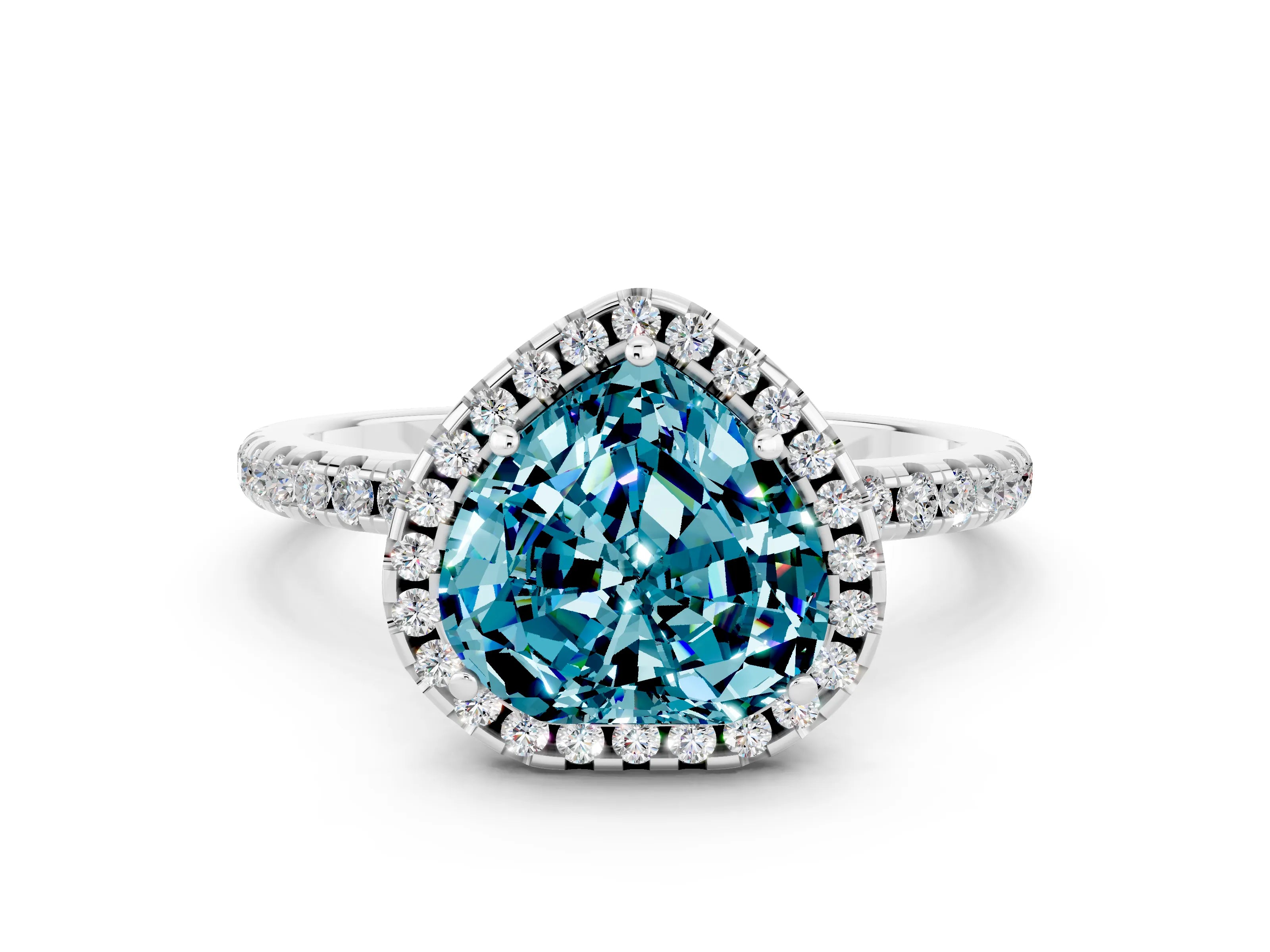 White gold Heart Cut Cut Diamond Floral Halo Engagement Ring with Pavé Band and Prong Setting