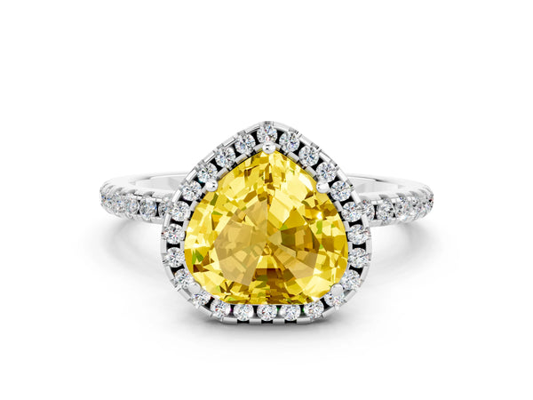 Silver Heart Cut Yellow Sapphire Halo Engagement Ring with Round Pavé Band and Prong Setting