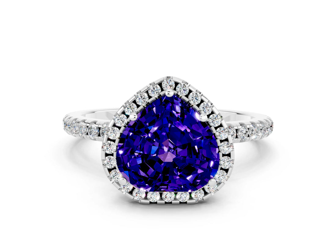 White gold Heart Cut Cut Diamond Floral Halo Engagement Ring with Pavé Band and Prong Setting