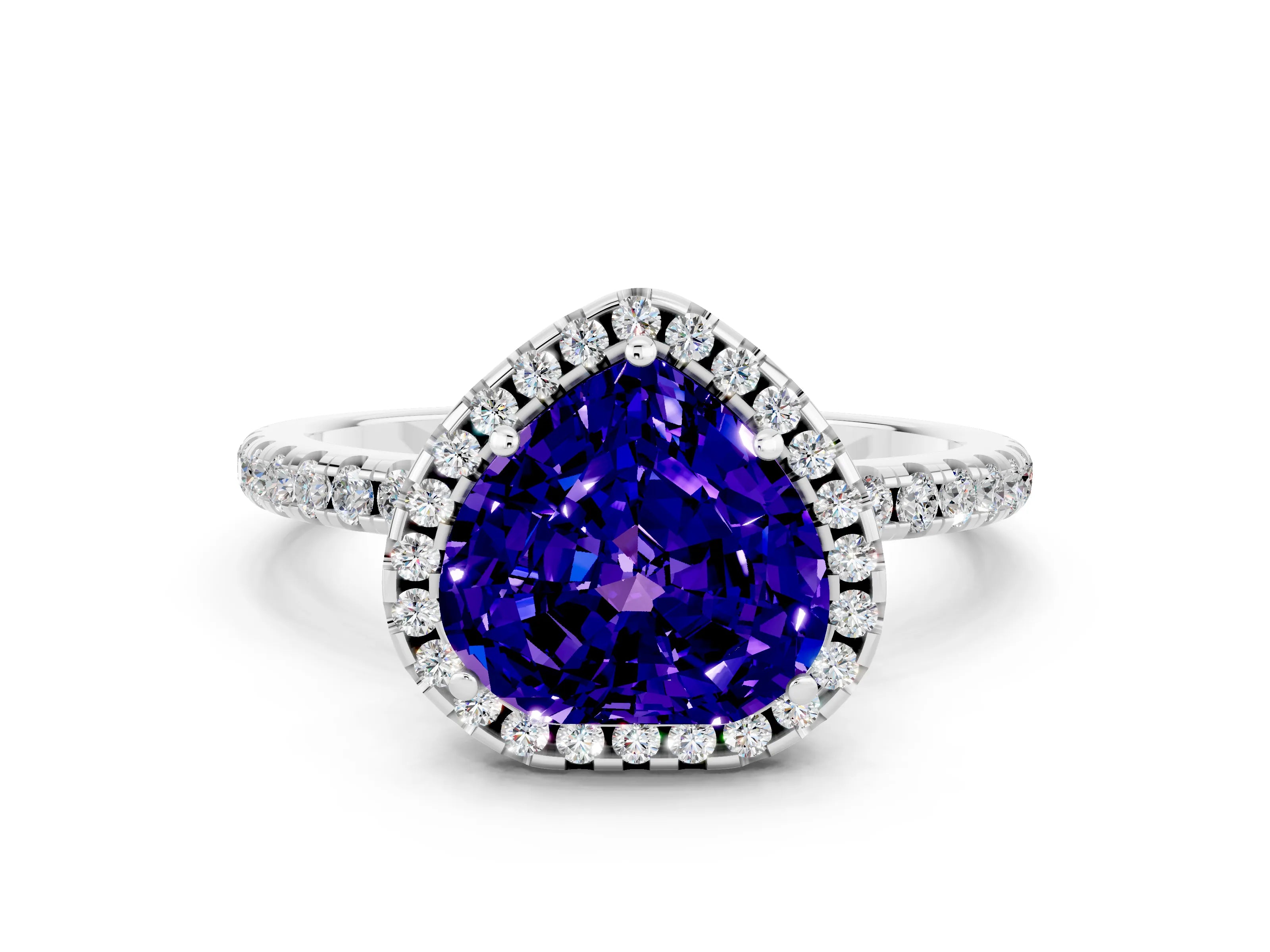 White gold Heart Cut Cut Diamond Floral Halo Engagement Ring with Pavé Band and Prong Setting