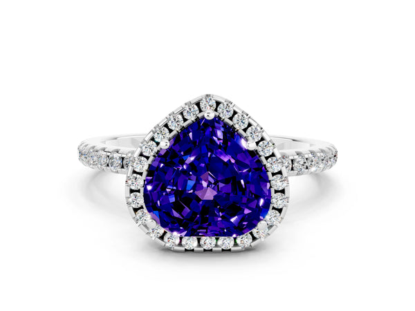 White gold Heart Cut Tanzanite Halo Engagement Ring with Round Pavé Band and Prong Setting