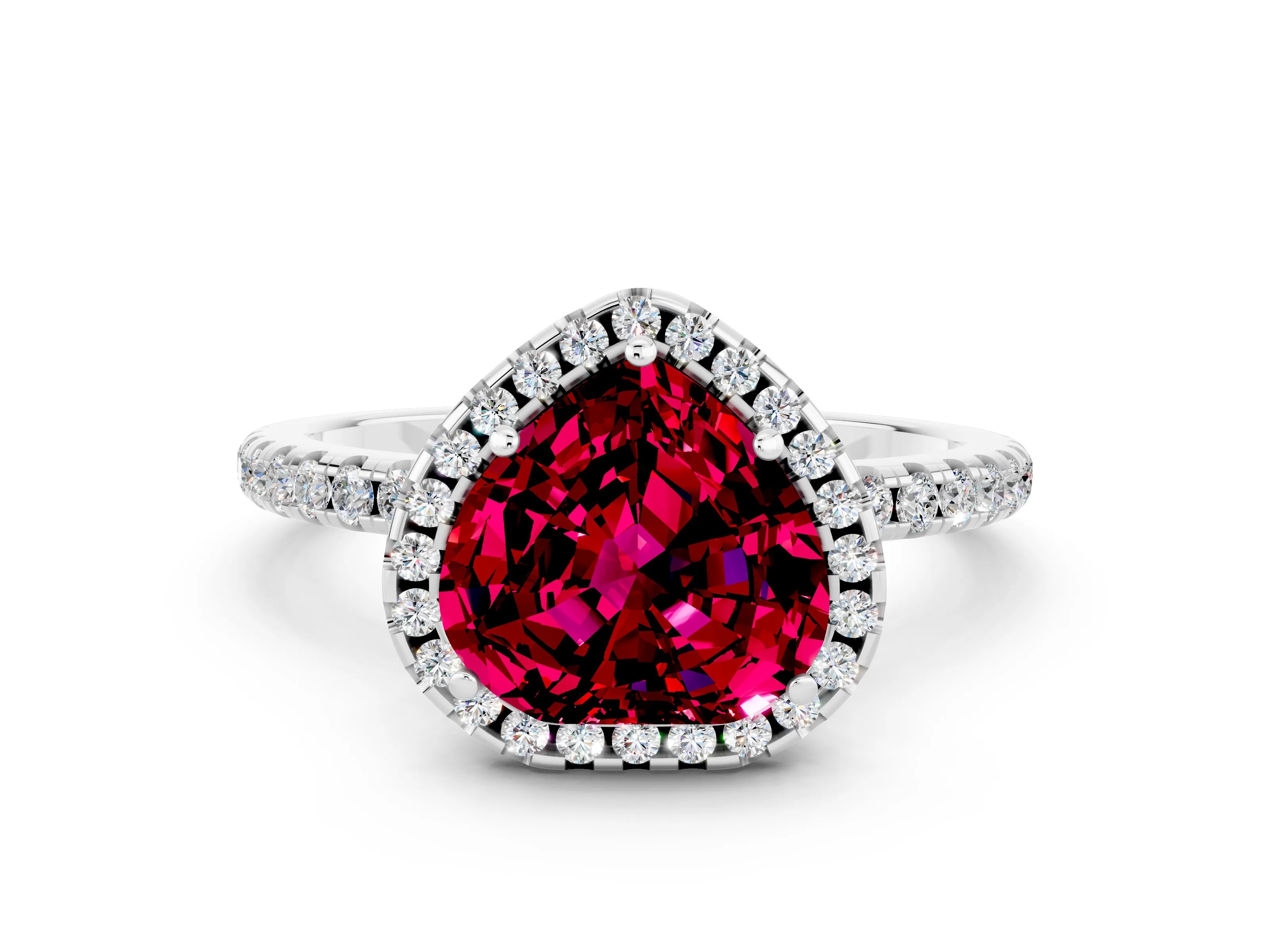 White gold Heart Cut Cut Diamond Floral Halo Engagement Ring with Pavé Band and Prong Setting