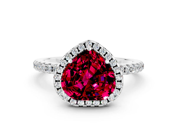 Silver Heart Cut Garnet Halo Engagement Ring with Round Pavé Band and Prong Setting