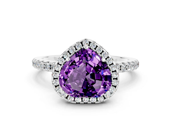 Platinum Heart Cut Cut Diamond Floral Halo Engagement Ring with Pavé Band and Prong Setting