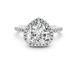 White gold Heart Cut Cut Diamond Floral Halo Engagement Ring with Pavé Band and Prong Setting