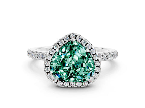 White gold Heart Cut Cut Diamond Floral Halo Engagement Ring with Pavé Band and Prong Setting