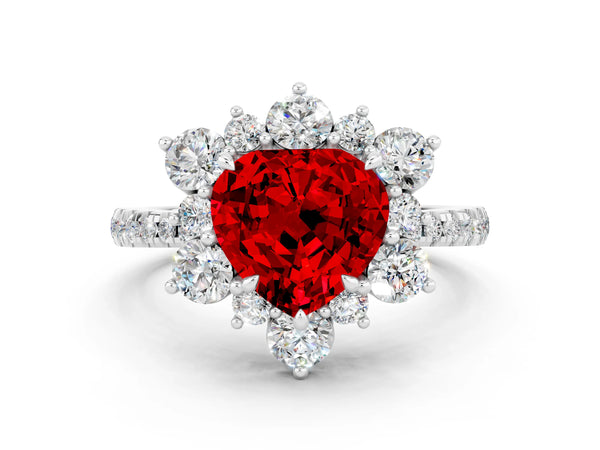 Silver Heart Cut Ruby Floral Halo Ring with Round Pavé Band and Prong Setting