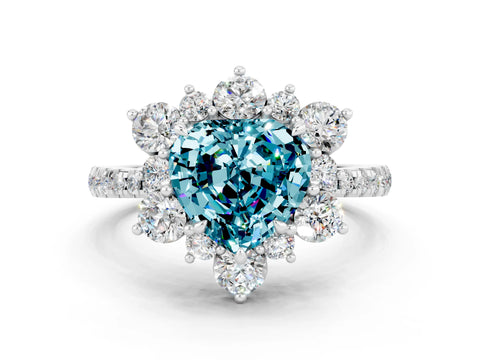 White gold Heart Cut Cut Diamond Floral Halo Pave Band with Prong Setting