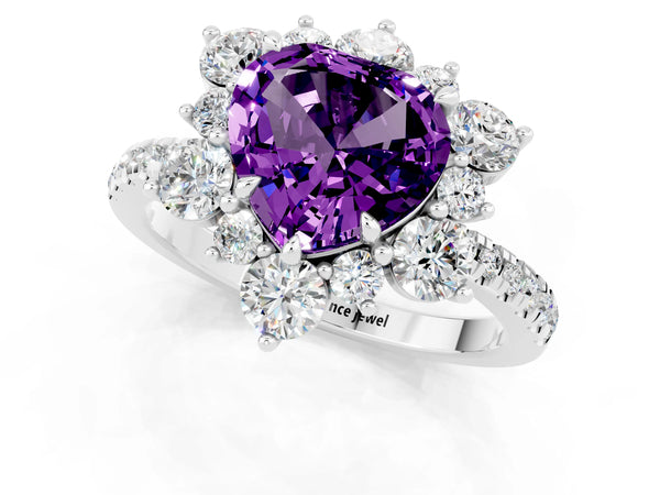 Silver Heart Cut Amethyst Floral Halo Ring with Round Pavé Band and Prong Setting