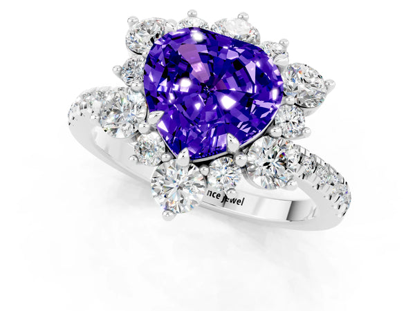 White gold Heart Cut Tanzanite Floral Halo Ring with Round Pavé Band and Prong Setting