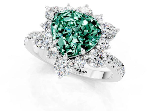 White gold Heart Cut Green Sapphire Floral Halo Ring with Round Pavé Band and Prong Setting