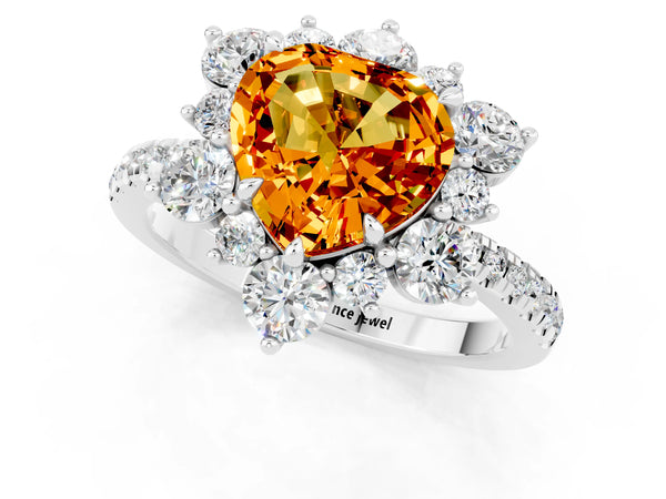Silver Heart Cut Citrine Floral Halo Ring with Round Pavé Band and Prong Setting