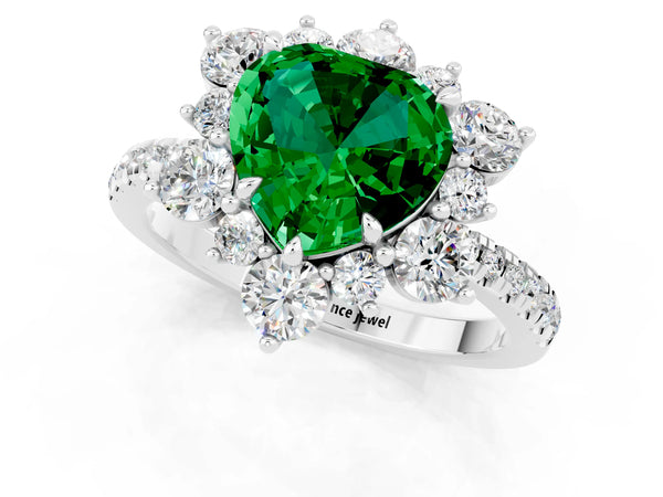 Silver Heart Cut Emerald Floral Halo Ring with Round Pavé Band and Prong Setting