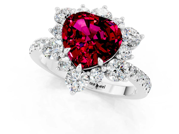 White gold Heart Cut Garnet Floral Halo Ring with Round Pavé Band and Prong Setting