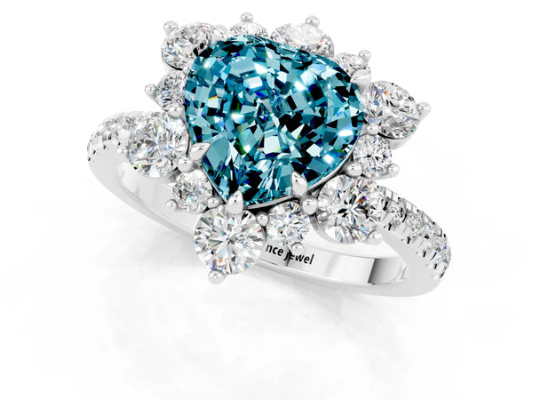 Silver Heart Cut Cut Diamond Floral Halo Pave Band with Prong Setting