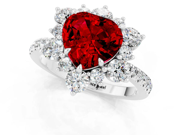 White gold Heart Cut Ruby Floral Halo Ring with Round Pavé Band and Prong Setting