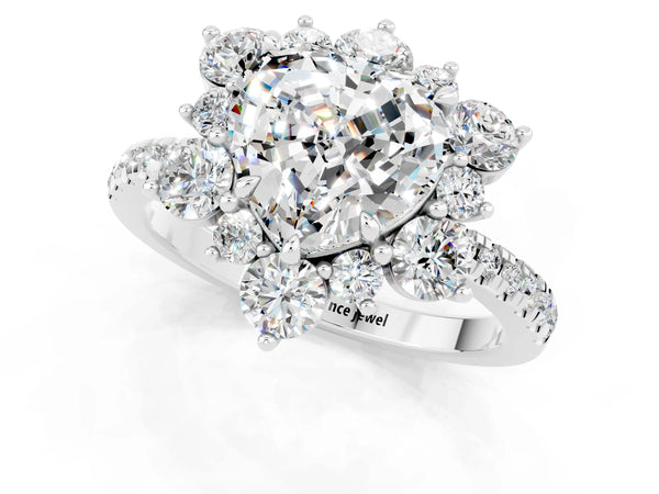 Silver Heart Cut Moissanite Floral Halo Ring with Round Pavé Band and Prong Setting