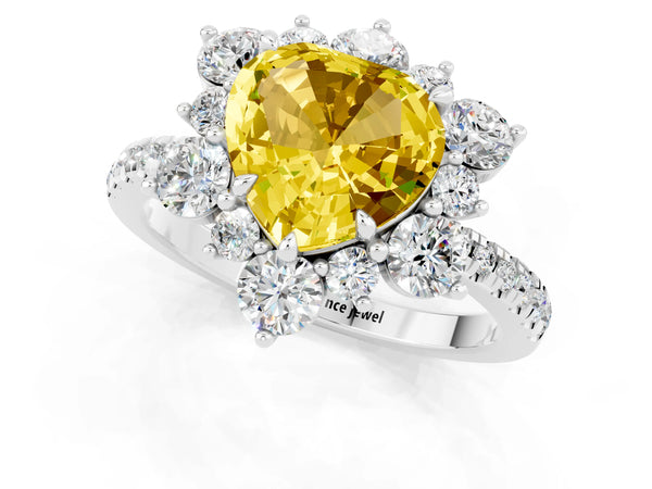 White gold Heart Cut Yellow Sapphire Floral Halo Ring with Round Pavé Band and Prong Setting