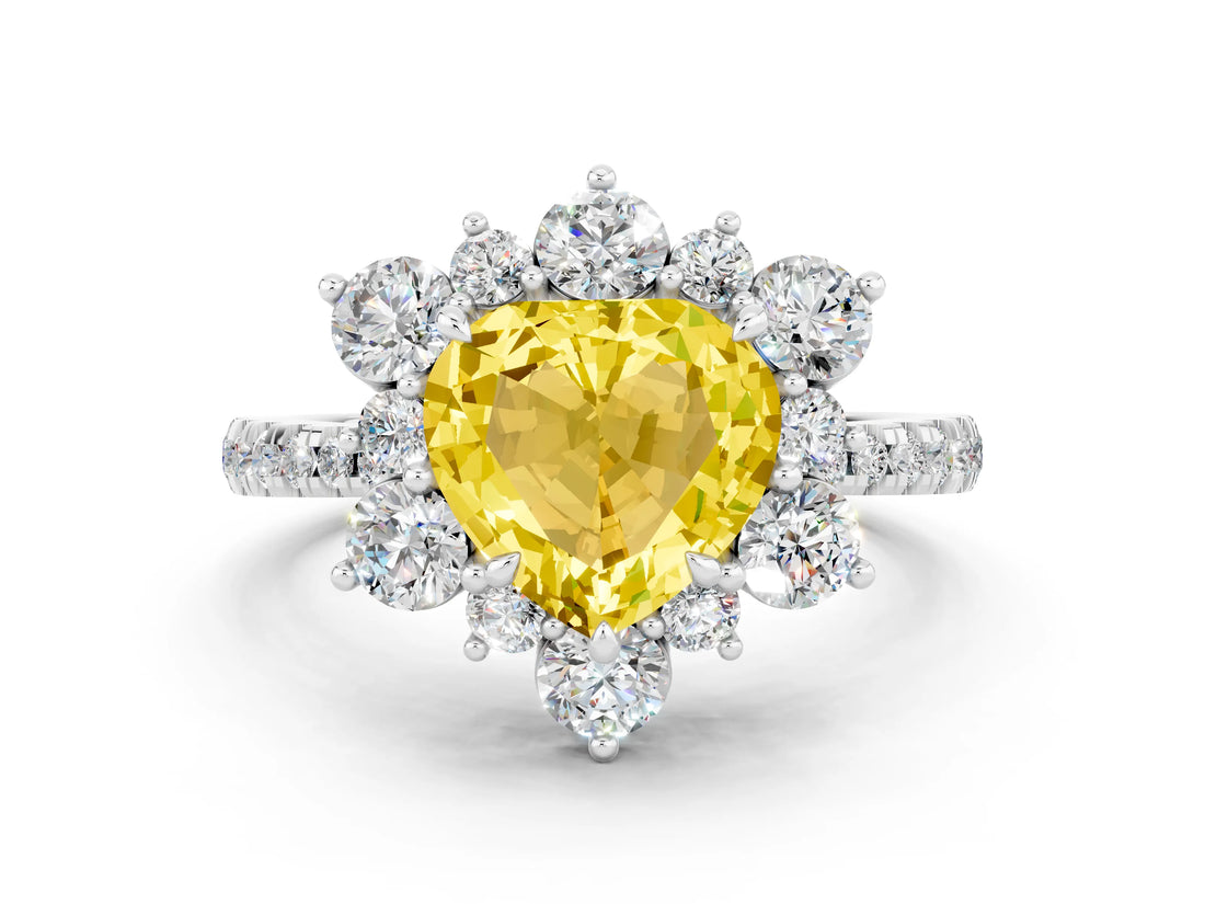 White gold Heart Cut Cut Diamond Floral Halo Pave Band with Prong Setting