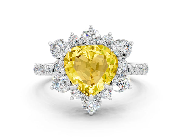 White gold Heart Cut Yellow Sapphire Floral Halo Ring with Round Pavé Band and Prong Setting