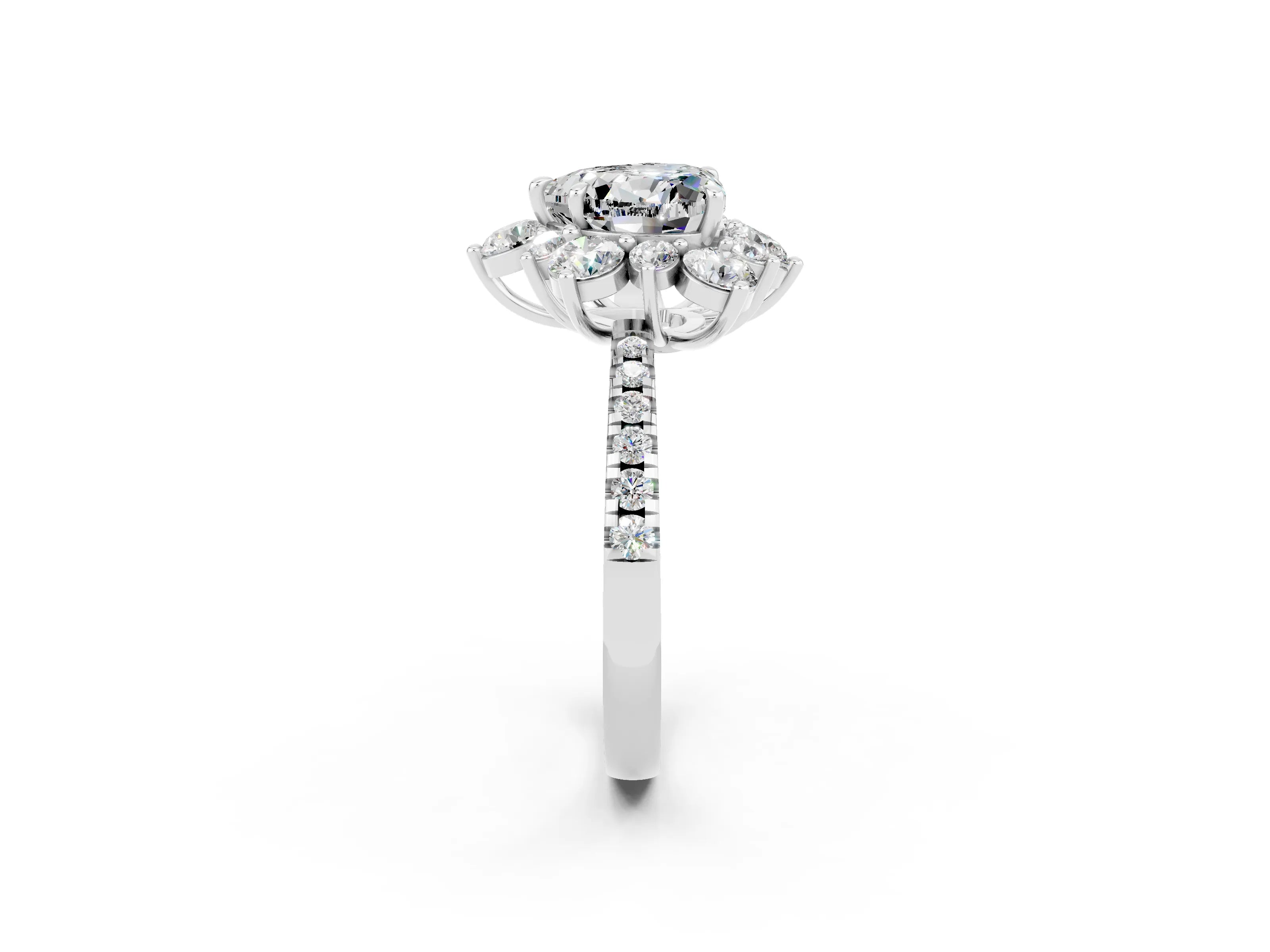 White gold Heart Cut Cut Diamond Floral Halo Pave Band with Prong Setting_2