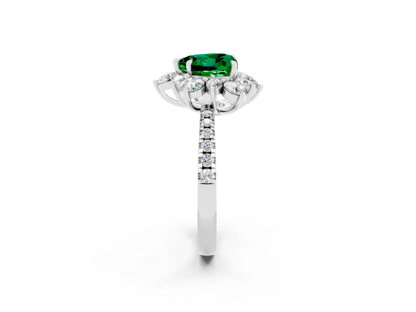 Platinum Heart Cut Emerald Floral Halo Ring with Round Pavé Band and Prong Setting
