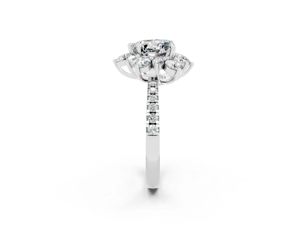 Silver Heart Cut Moissanite Floral Halo Ring with Round Pavé Band and Prong Setting