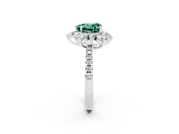Platinum Heart Cut Green Sapphire Floral Halo Ring with Round Pavé Band and Prong Setting