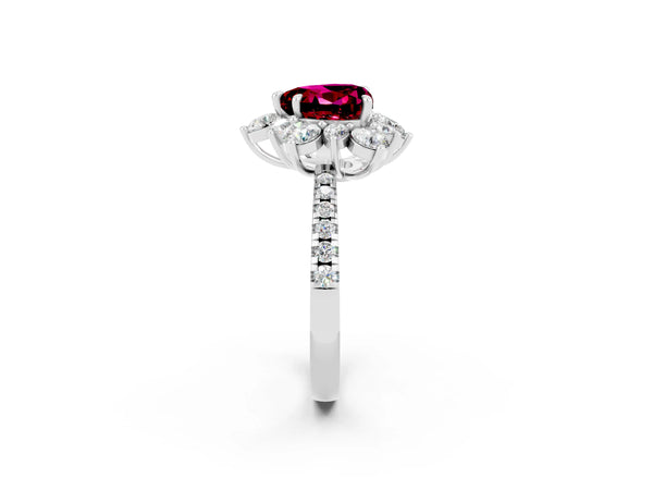 White gold Heart Cut Garnet Floral Halo Ring with Round Pavé Band and Prong Setting