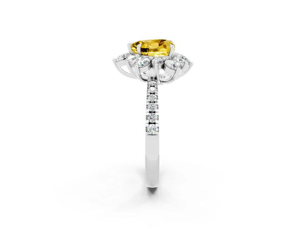 White gold Heart Cut Yellow Sapphire Floral Halo Ring with Round Pavé Band and Prong Setting