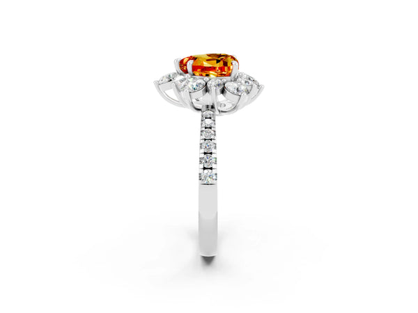 Silver Heart Cut Citrine Floral Halo Ring with Round Pavé Band and Prong Setting