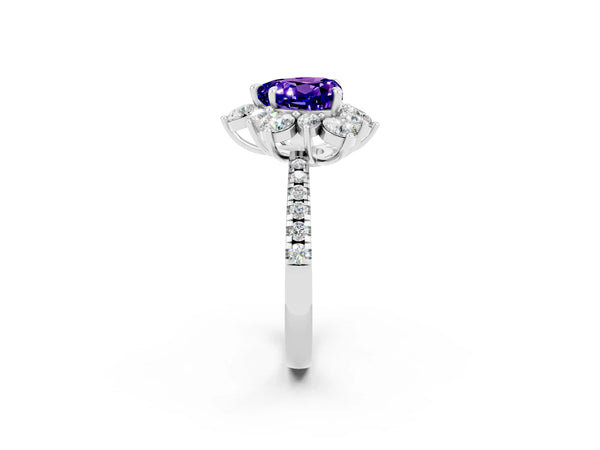 White gold Heart Cut Tanzanite Floral Halo Ring with Round Pavé Band and Prong Setting