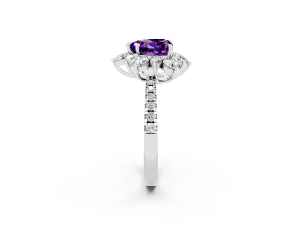 White gold Heart Cut Amethyst Floral Halo Ring with Round Pavé Band and Prong Setting