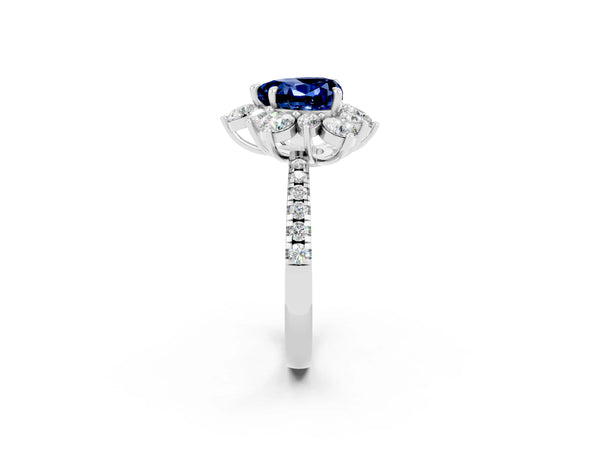 White Gold Heart-Shaped Lab-Grown Blue Sapphire Star Floral Halo Engagement Ring with Pave Band