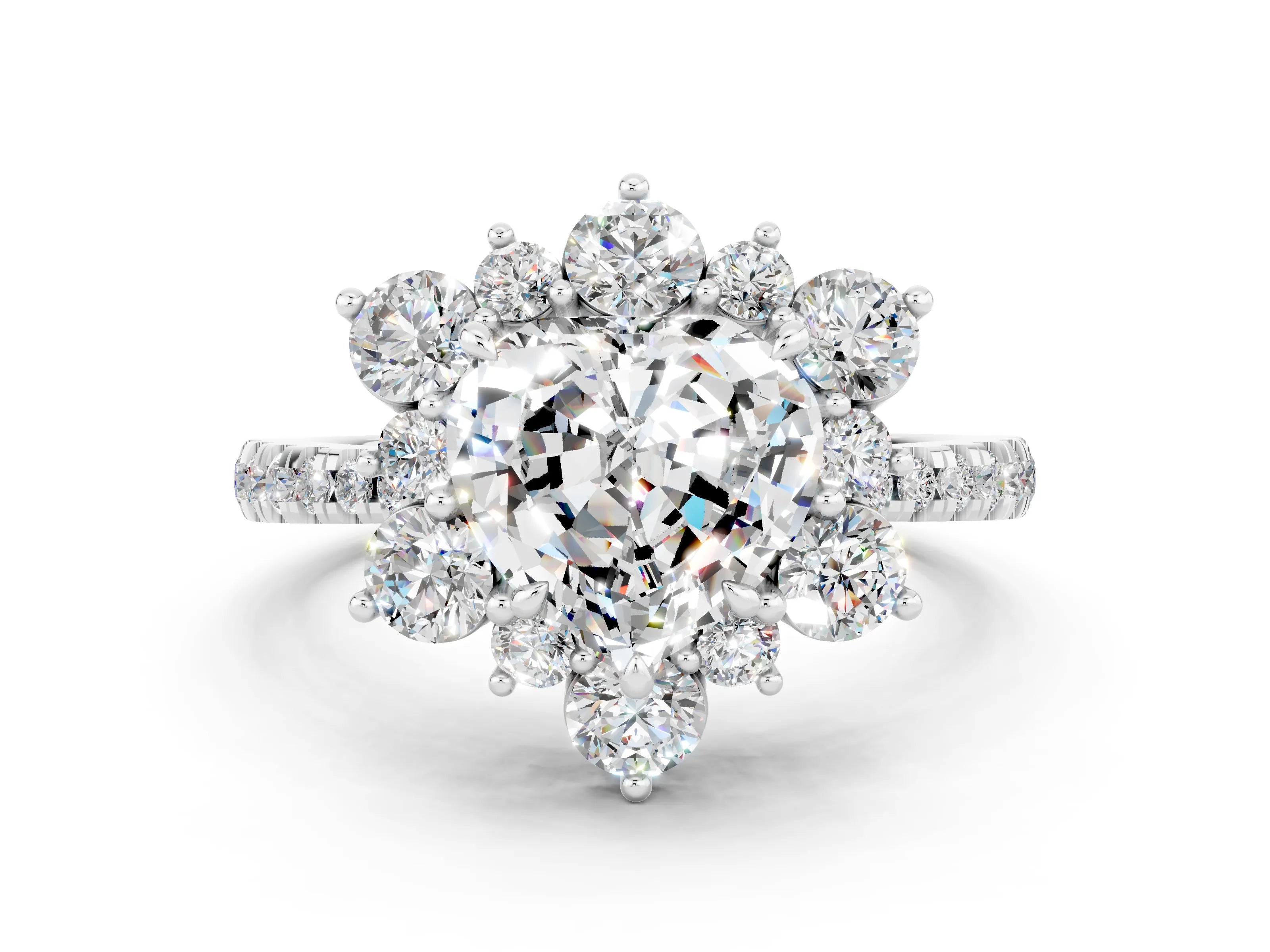 White gold Heart Cut Cut Diamond Floral Halo Pave Band with Prong Setting