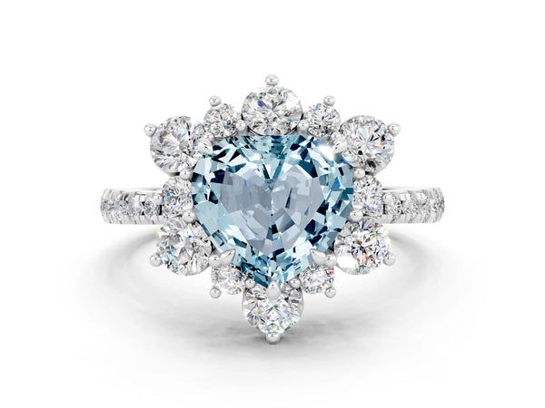 Platinum Heart Cut Cut Diamond Floral Halo Pave Band with Prong Setting