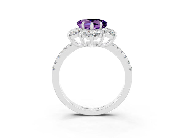 Silver Heart Cut Amethyst Floral Halo Ring with Round Pavé Band and Prong Setting