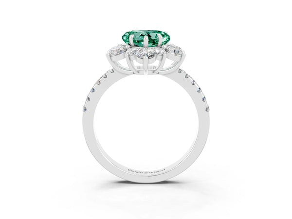 Platinum Heart Cut Green Sapphire Floral Halo Ring with Round Pavé Band and Prong Setting