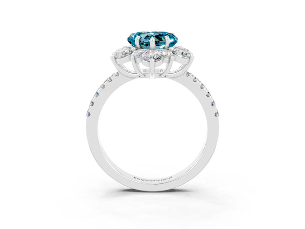 Silver Heart Cut Cut Diamond Floral Halo Pave Band with Prong Setting