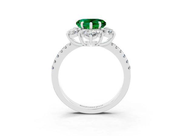 Platinum Heart Cut Emerald Floral Halo Ring with Round Pavé Band and Prong Setting