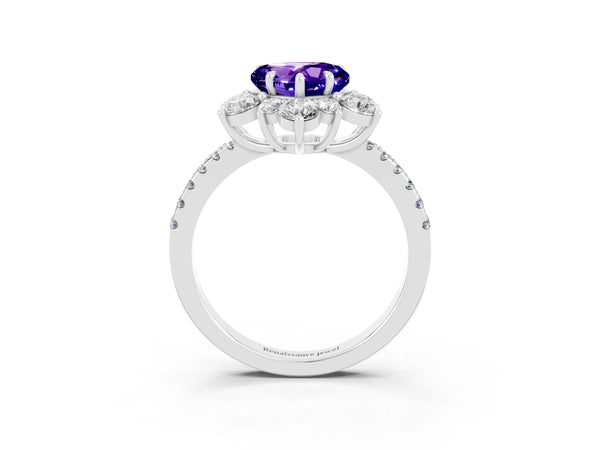 White gold Heart Cut Tanzanite Floral Halo Ring with Round Pavé Band and Prong Setting