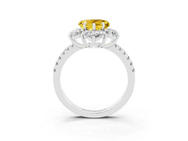 White gold Heart Cut Yellow Sapphire Floral Halo Ring with Round Pavé Band and Prong Setting