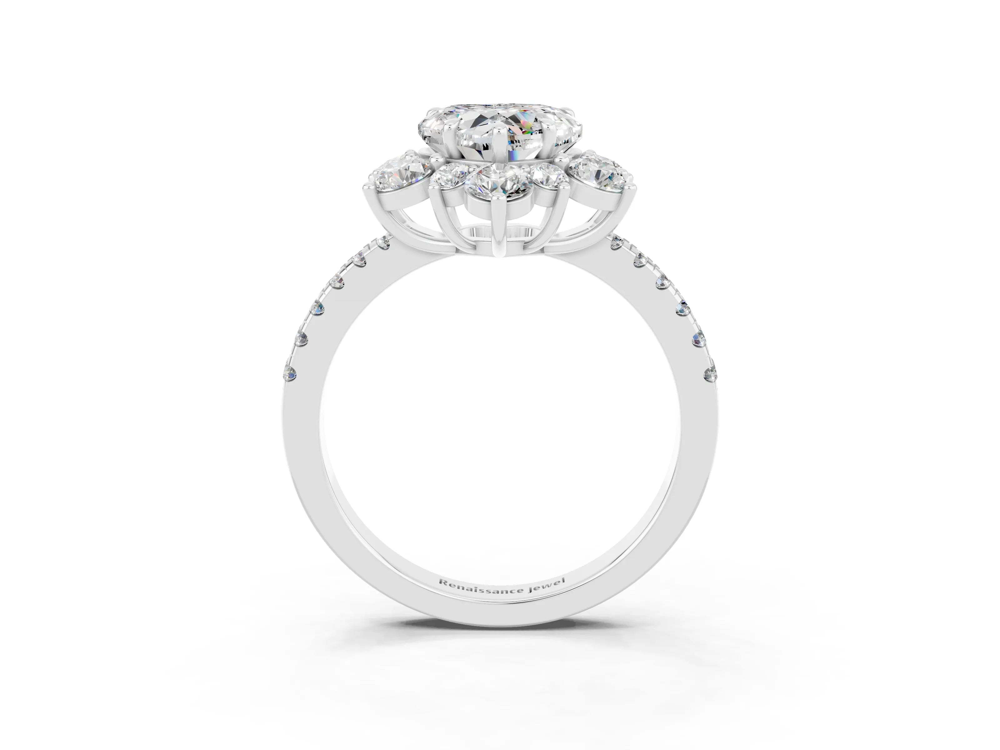 White gold Heart Cut Cut Diamond Floral Halo Pave Band with Prong Setting_3
