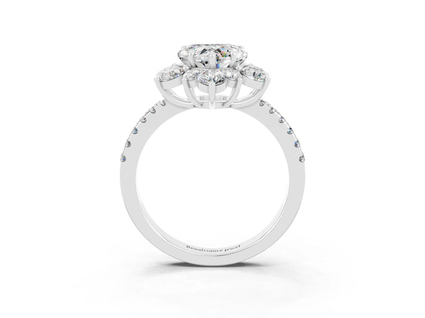 White gold Heart Cut Moissanite Floral Halo Ring with Round Pavé Band and Prong Setting