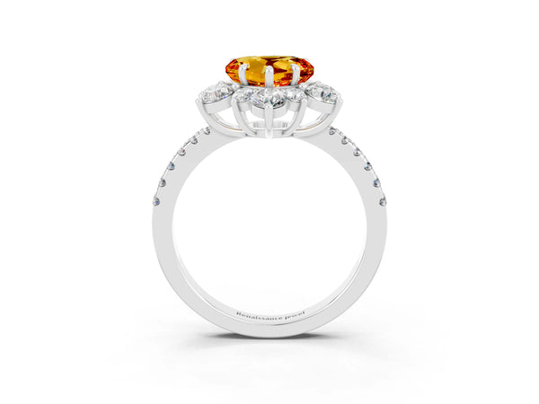 White gold Heart Cut Citrine Floral Halo Ring with Round Pavé Band and Prong Setting