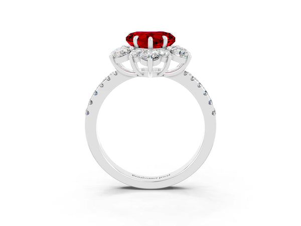 Platinum Heart Cut Ruby Floral Halo Ring with Round Pavé Band and Prong Setting