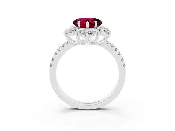 White gold Heart Cut Garnet Floral Halo Ring with Round Pavé Band and Prong Setting